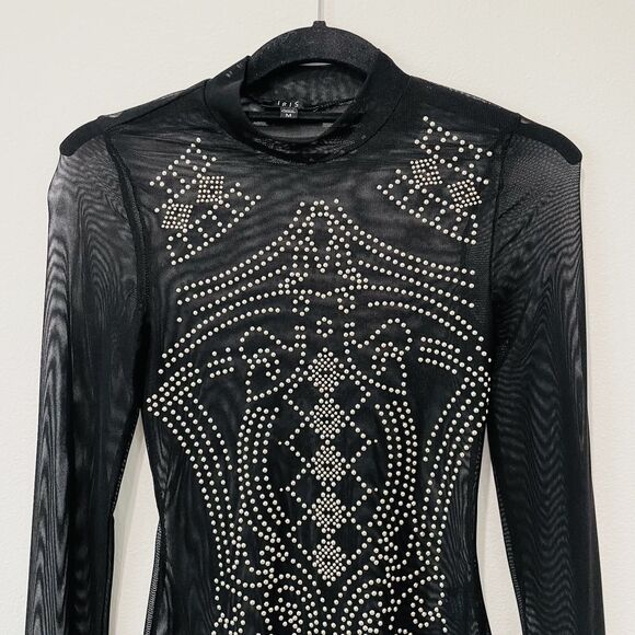 Iris Juniors Mesh Studded Bodysuit Long Sleeve Black Size Sm-Med Bodysuit Sheer - Picture 2 of 15